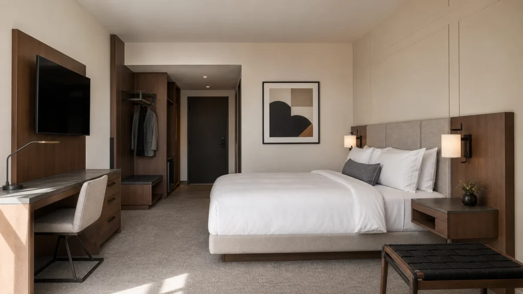 Boutique hotel guestroom furniture package in warm walnut, stone, and neutral upholstery