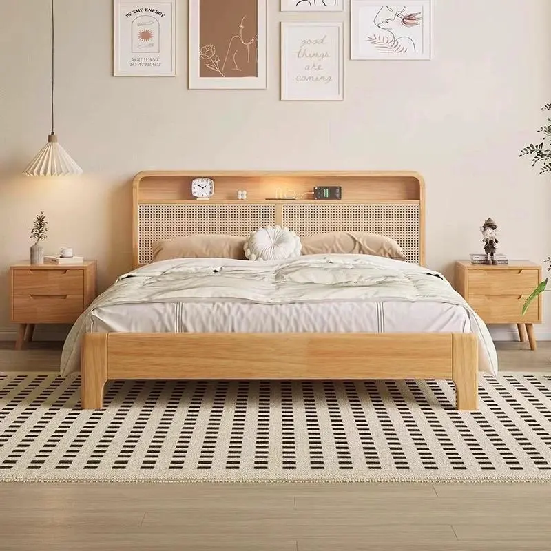 Modern Rattan-Panel Solid Wood Storage Platform Bed