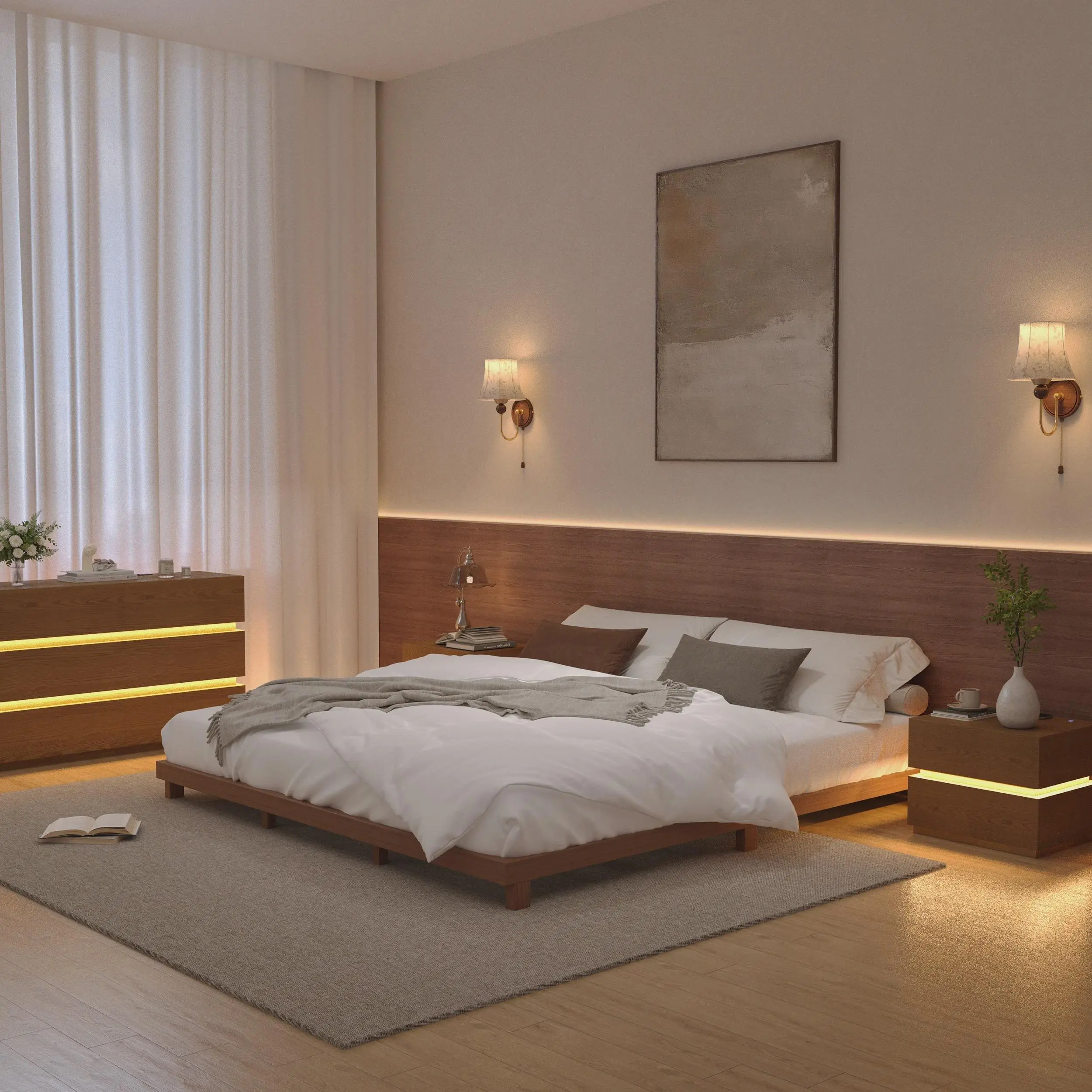 Modern Upholstered Low Platform Bed with Storage Drawers