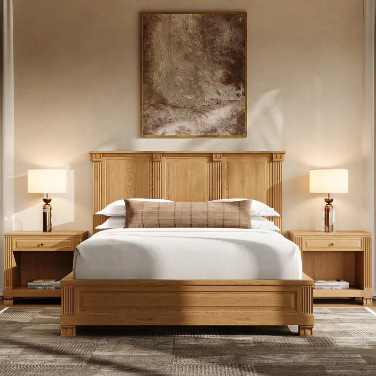 Oak-tone solid wood bed with paneled headboard and footboard, white bedding and two matching bedside tables