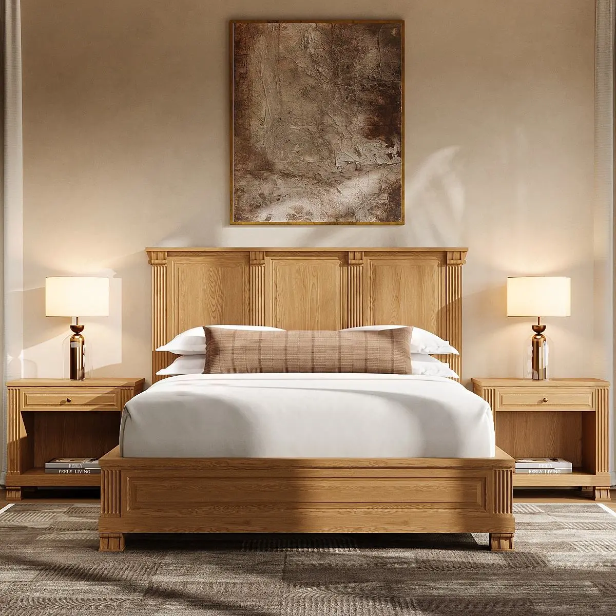 Modern Oak Solid Wood Platform Bed with Panel Headboard
