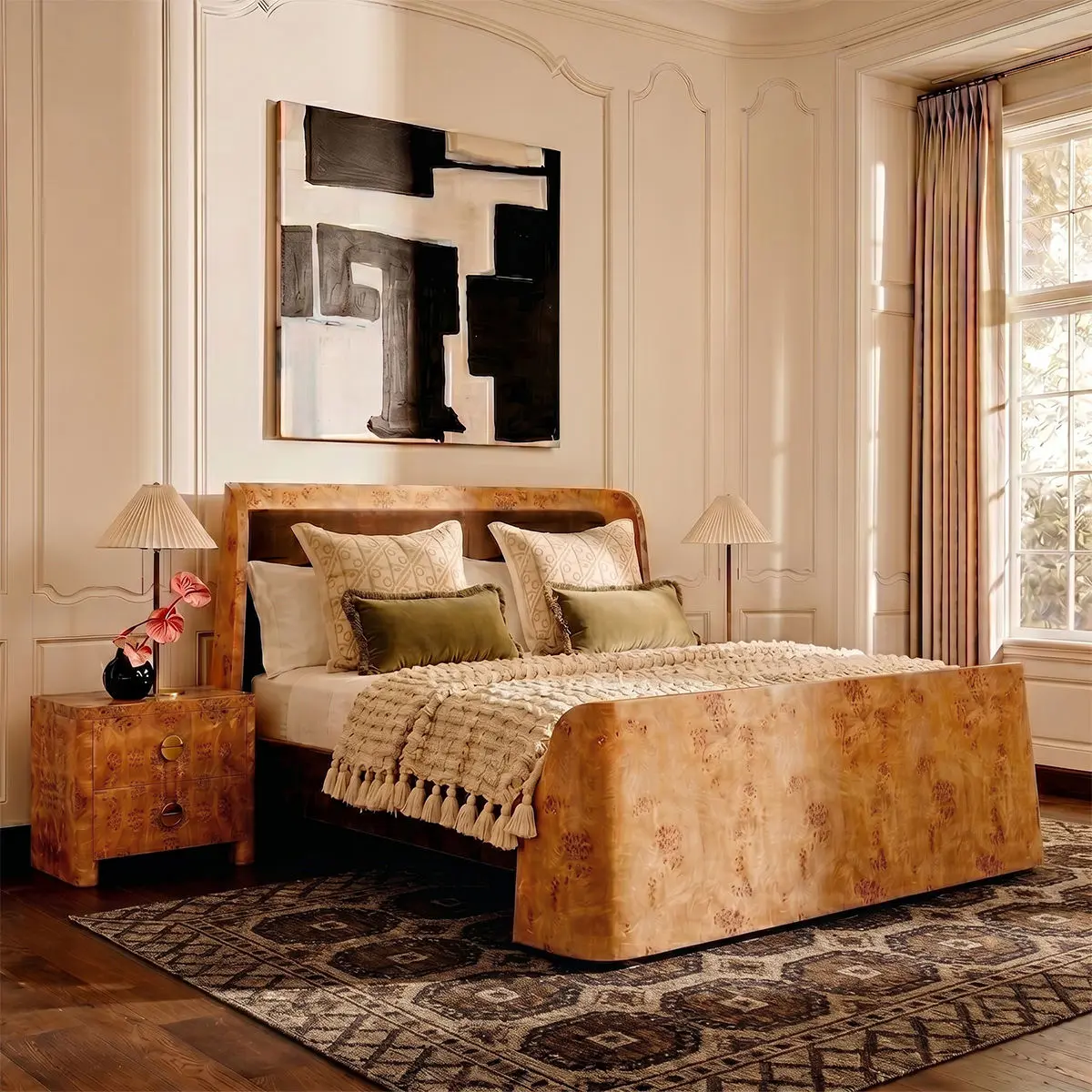 Luxury Curved Burl-Wood Platform Bed with Upholstered Headboard