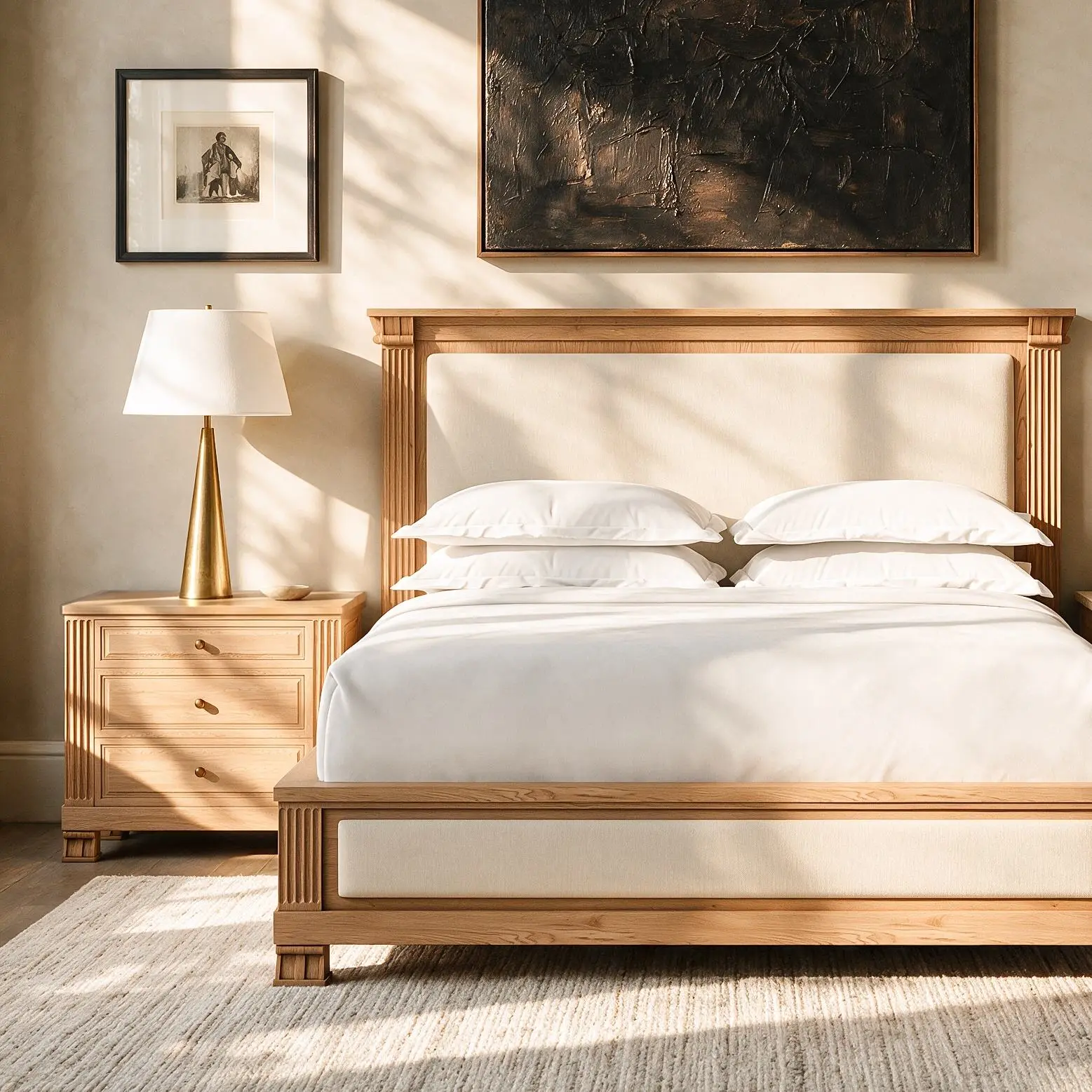 Luxury Walnut Platform Bed with Upholstered Panel Headboard