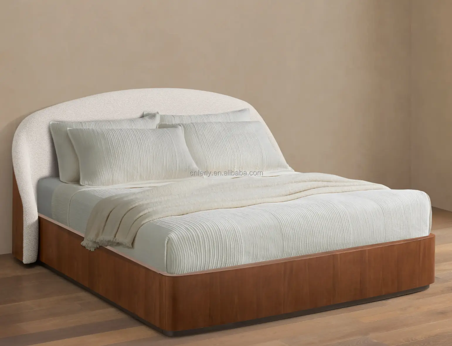 Curved Upholstered Platform Bed with Solid Wood Base