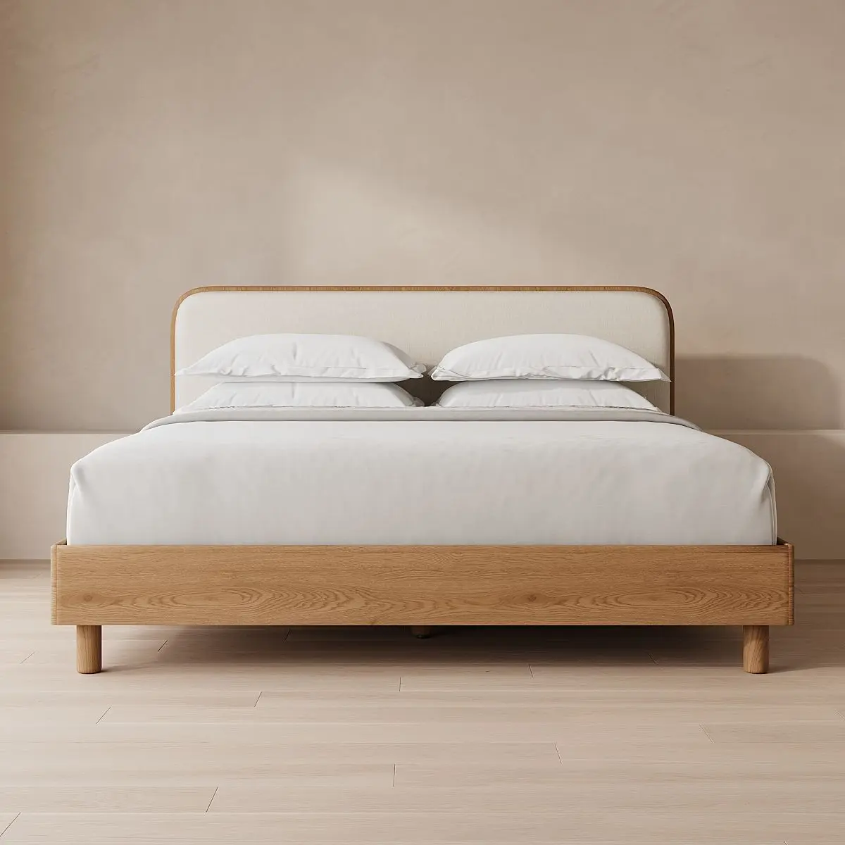 Modern Solid Wood Platform Bed with Slim Upholstered Headboard