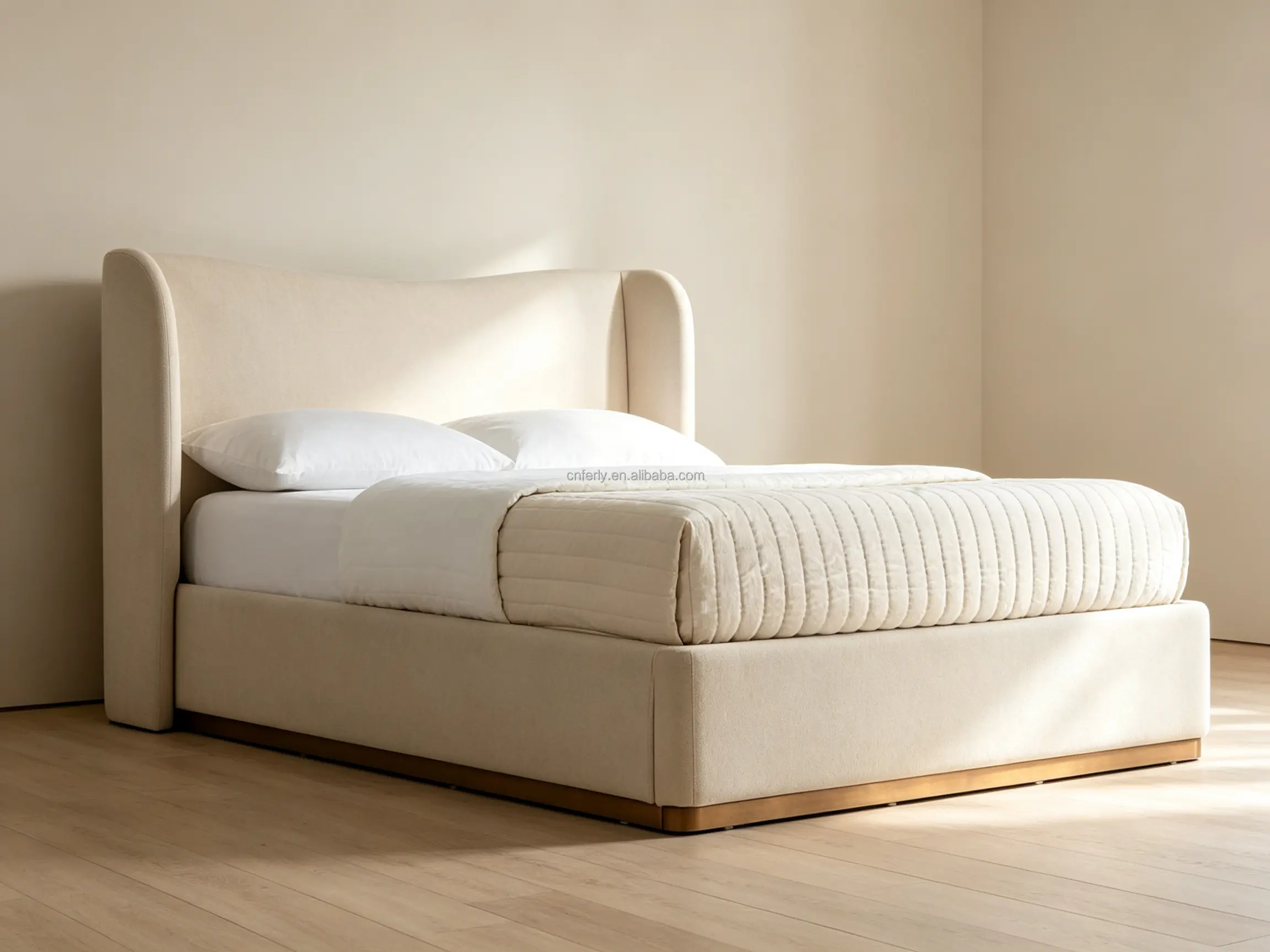 Modern Shelter Bed with Upholstered Wingback Headboard & Wood Base