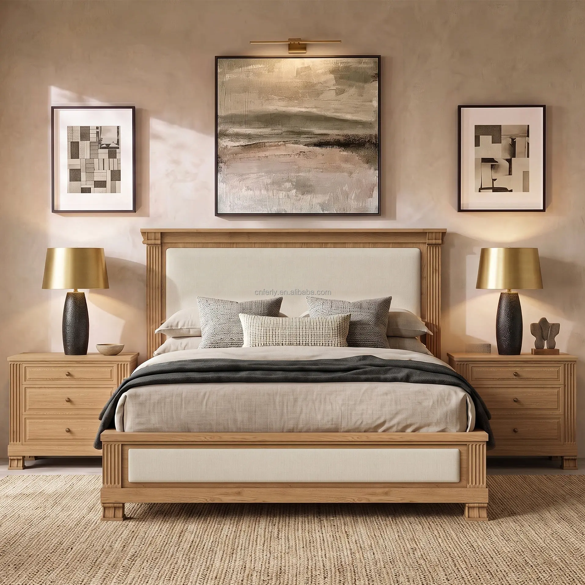 Modern Oak Solid Wood King Bed with Upholstered Headboard