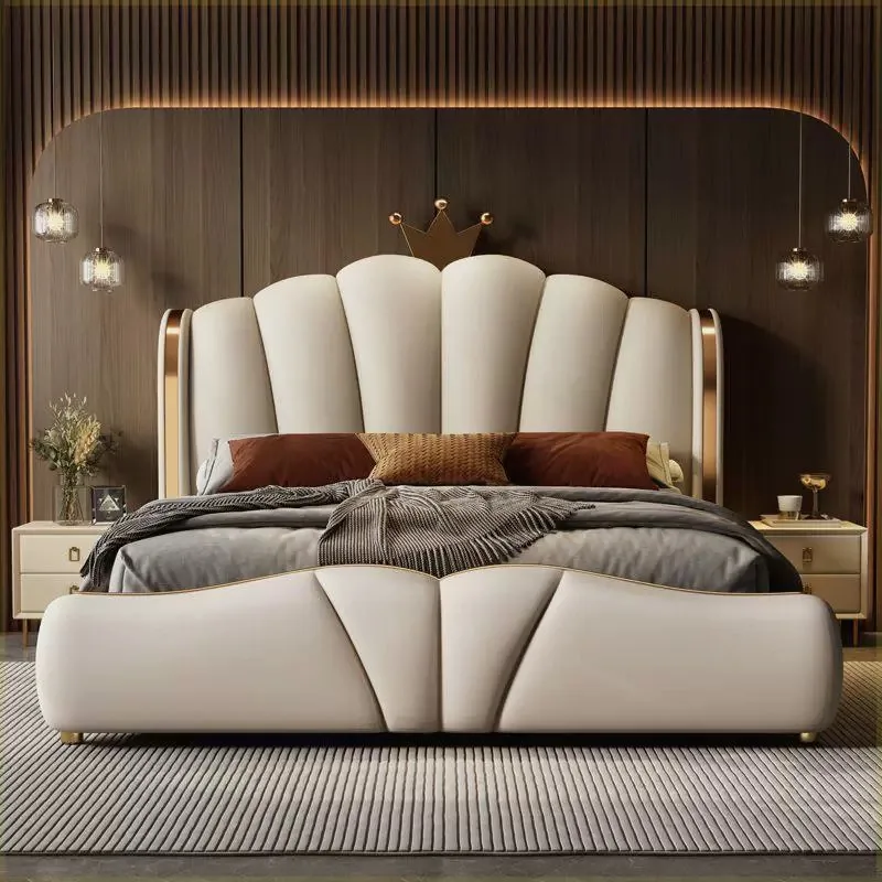 Luxury Petal-Panel Leather Storage Bed with Solid Wood Frame