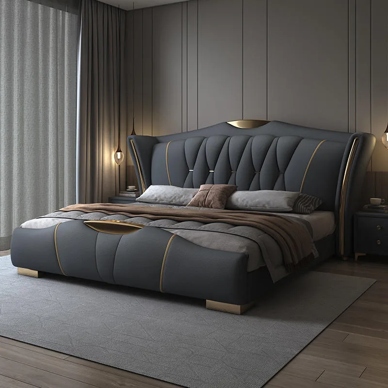 Luxury Wingback Leather Platform Bed with Gold Accents