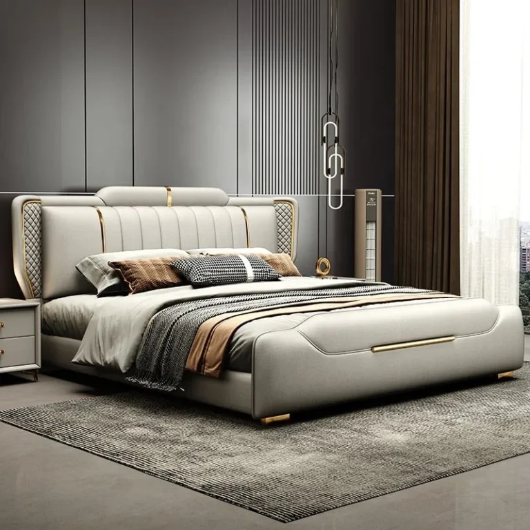 Light gray microfiber bed with a channel-panel headboard, gold accent lines and gold feet in a gray bedroom