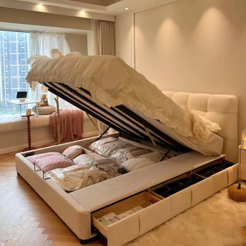 Cream Upholstered Lift-Up Storage Bed with Side Drawers