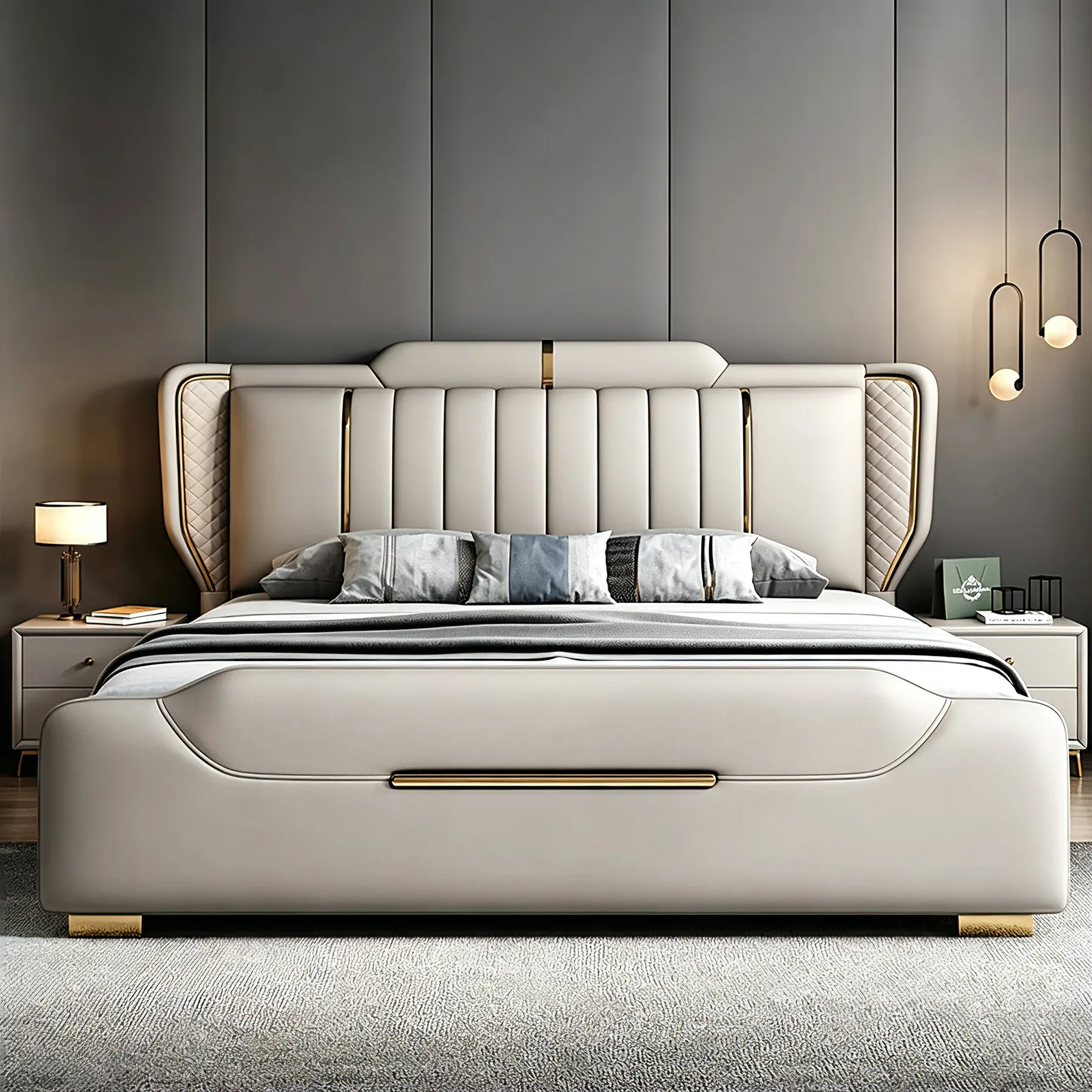 Modern Leather Storage Bed with Framed Wing Headboard