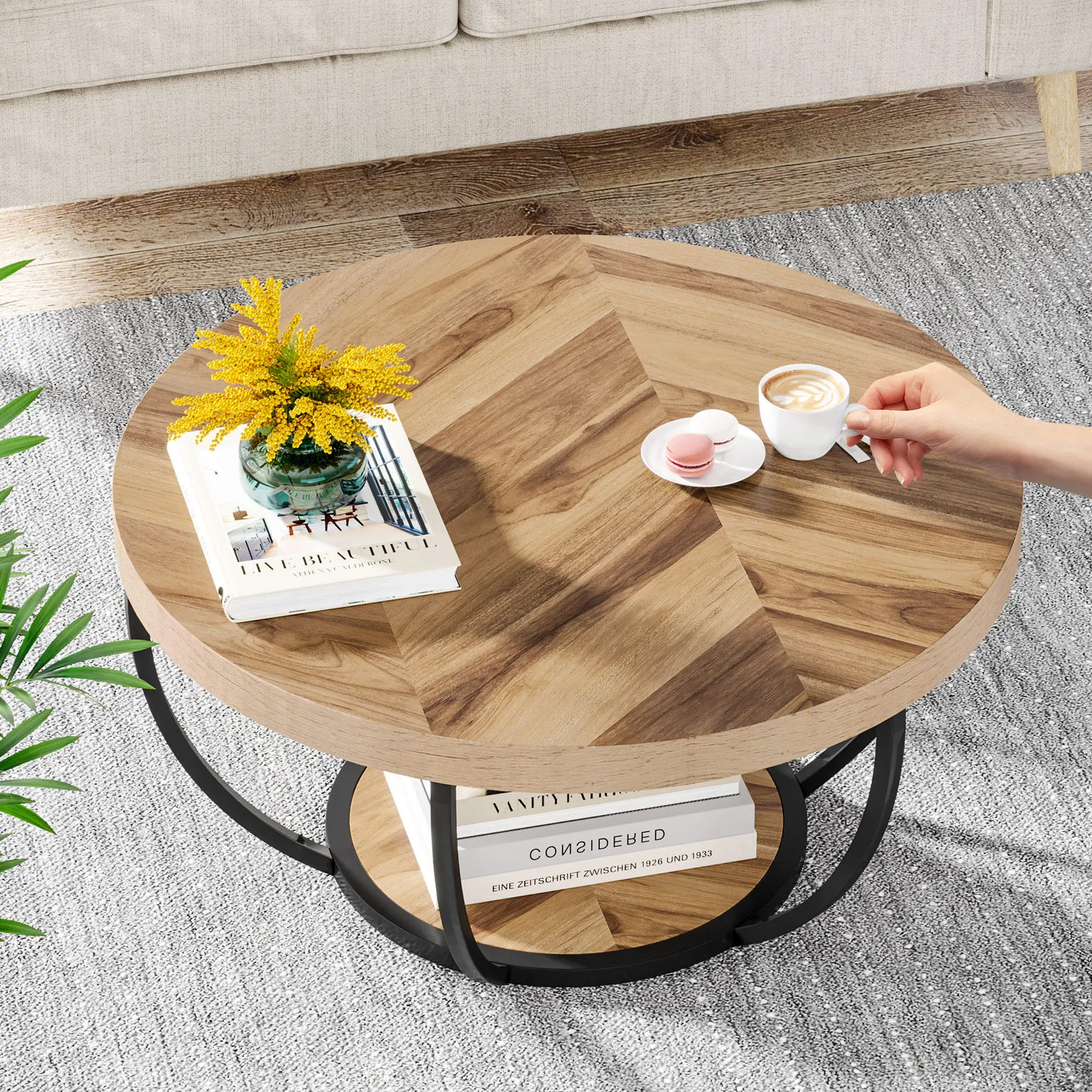 Modern Round Wood Coffee Table with Circular Metal Base
