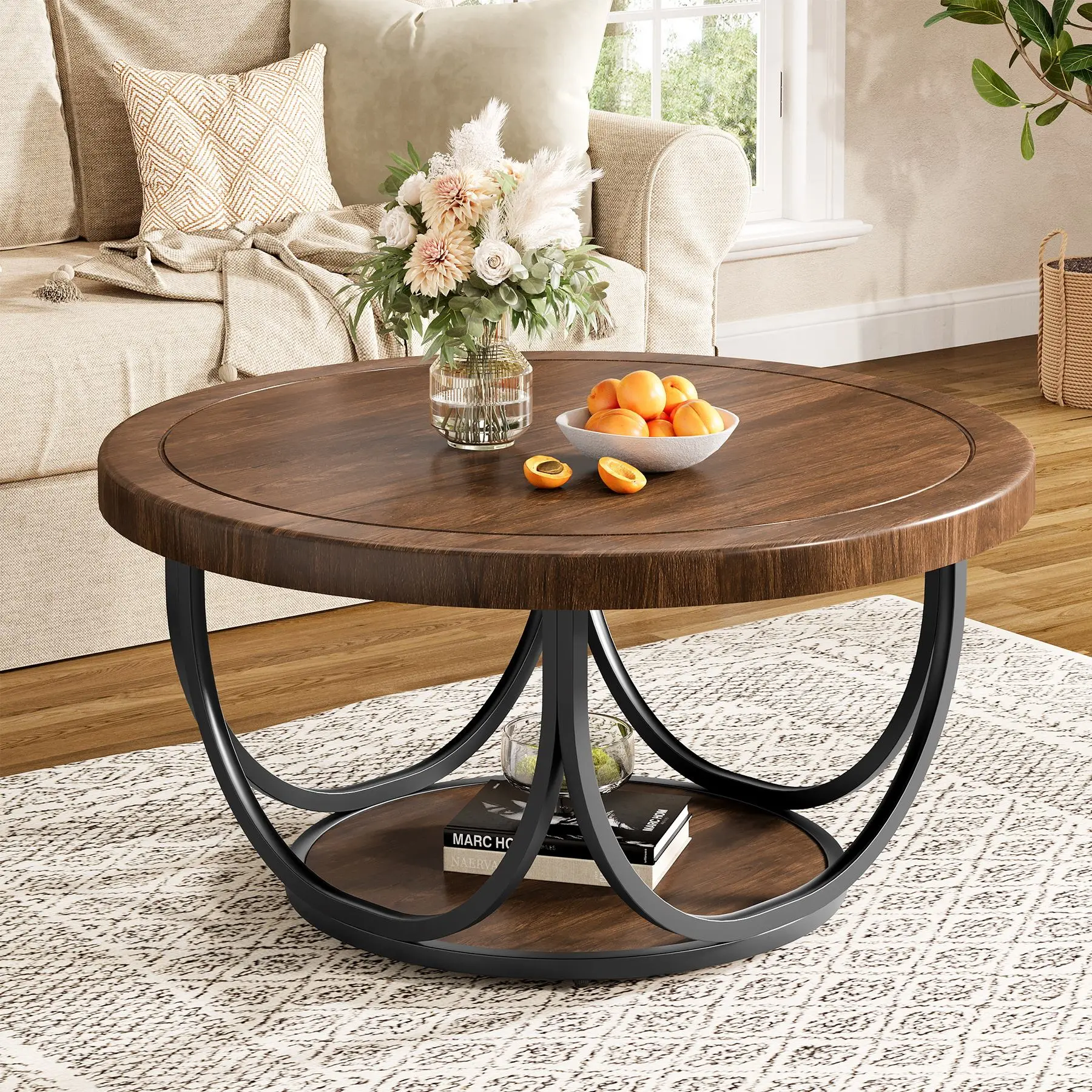 31.5-Inch Industrial Round Coffee Table with Two-Tier Storage