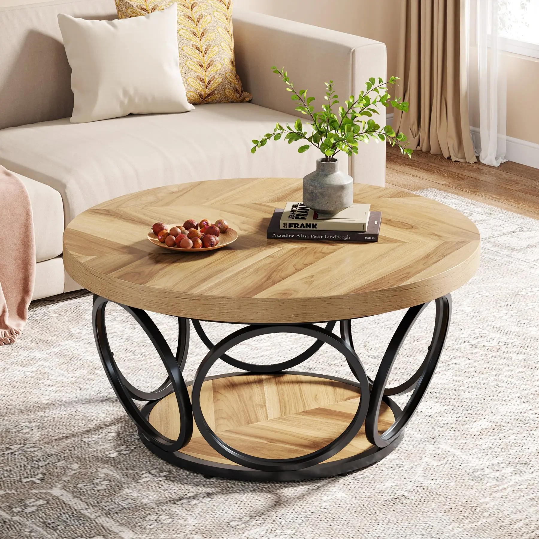 31.5-Inch Farmhouse Round Wood Coffee Table with Storage Shelf