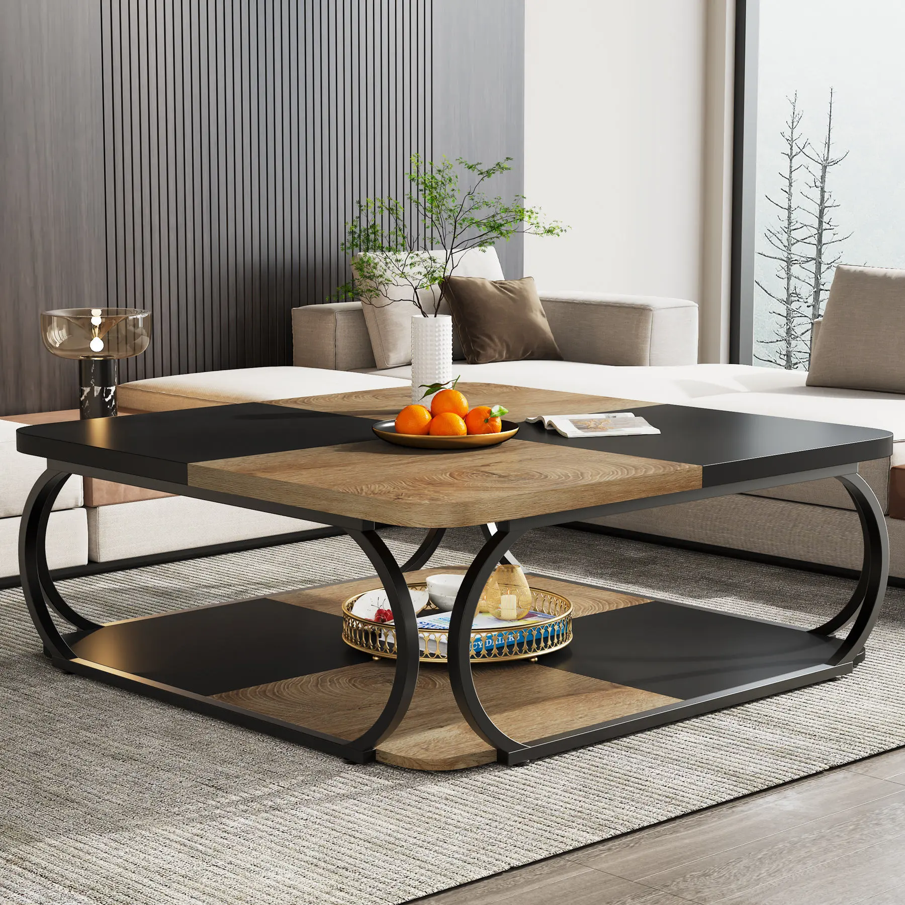 39-Inch Square Farmhouse Coffee Table with Two-Tier Open Storage
