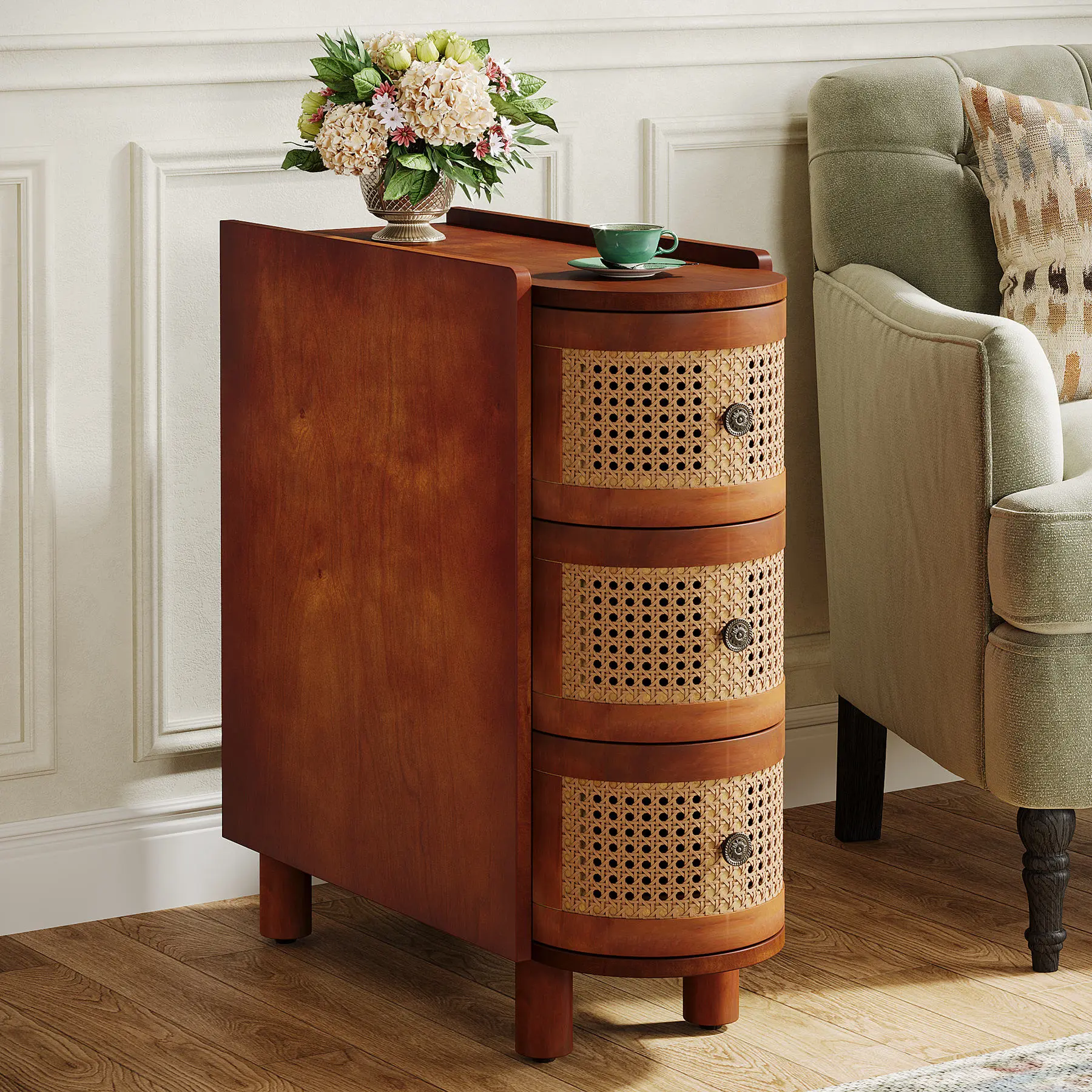 Three-Drawer Rattan Accent Table with Embossed Metal Handles