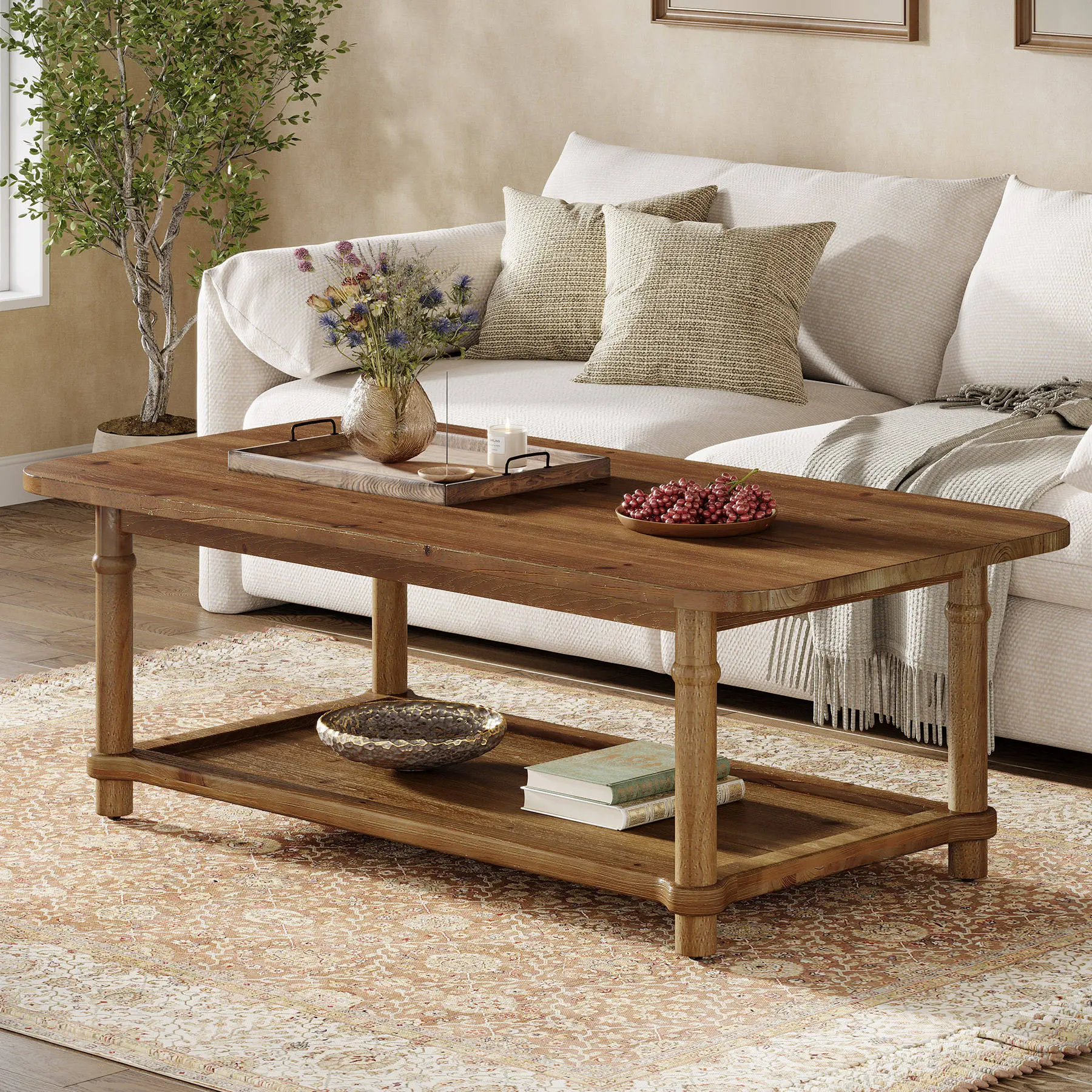 47-Inch Rectangular Farmhouse Coffee Table with Lower Shelf