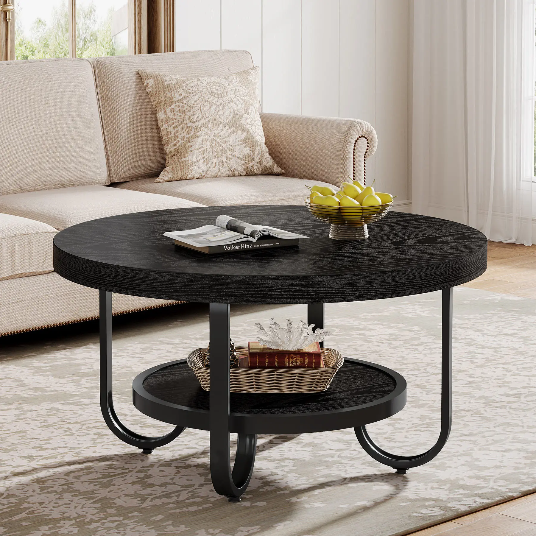 Compact Round Coffee Table with Curved Metal Legs and Storage Shelf