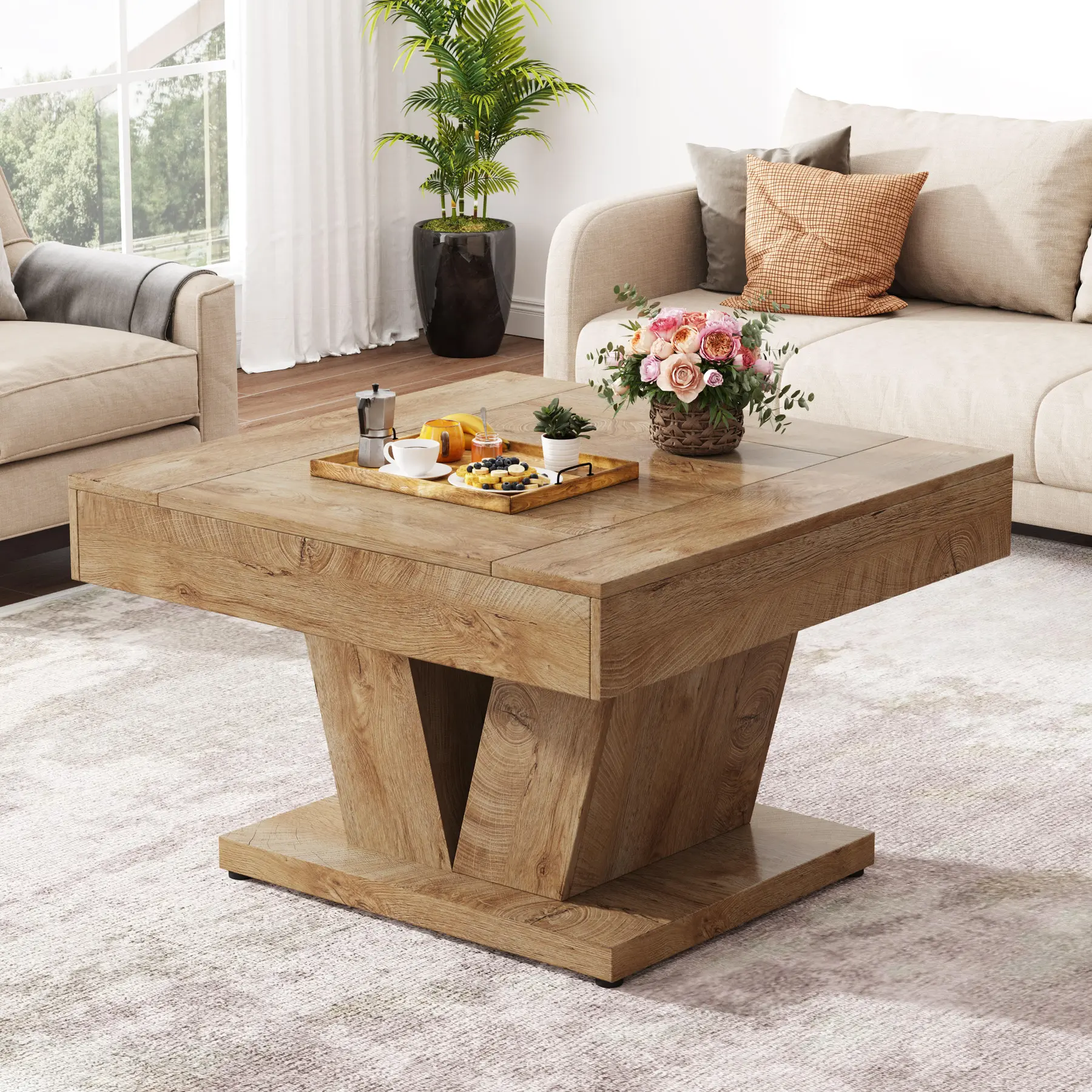 31.5-Inch Modern Square Wood Pedestal Coffee Table