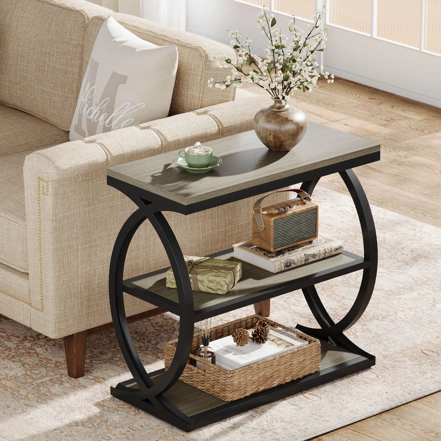 Narrow Three-Tier Industrial Side Table with Metal Frame