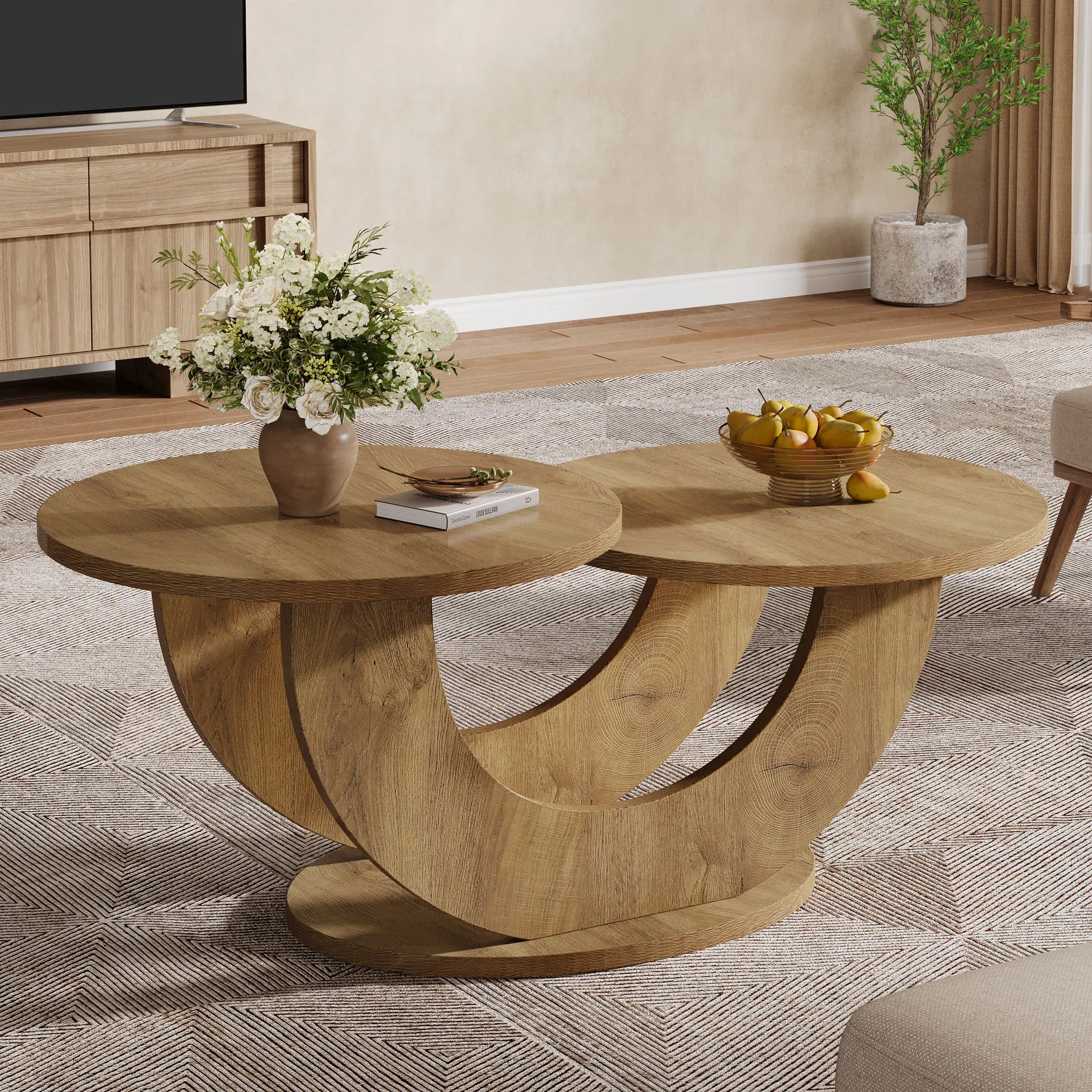 Sculptural Round Two-Tier Coffee Table with U-Shaped Supports