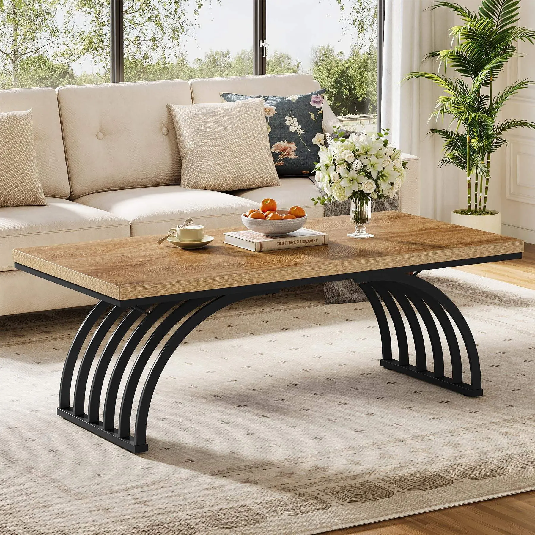 47-Inch Rectangular Vintage Coffee Table with Arched Metal Base