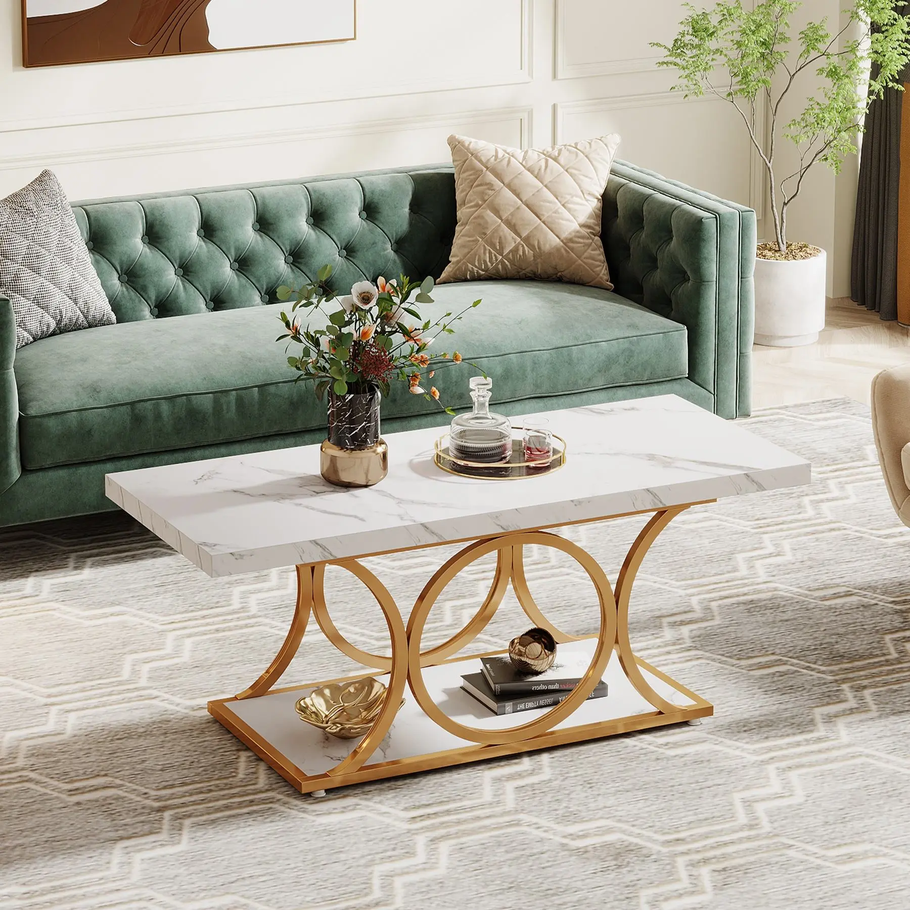 47.24-Inch Faux Marble Coffee Table with Gold Metal Frame