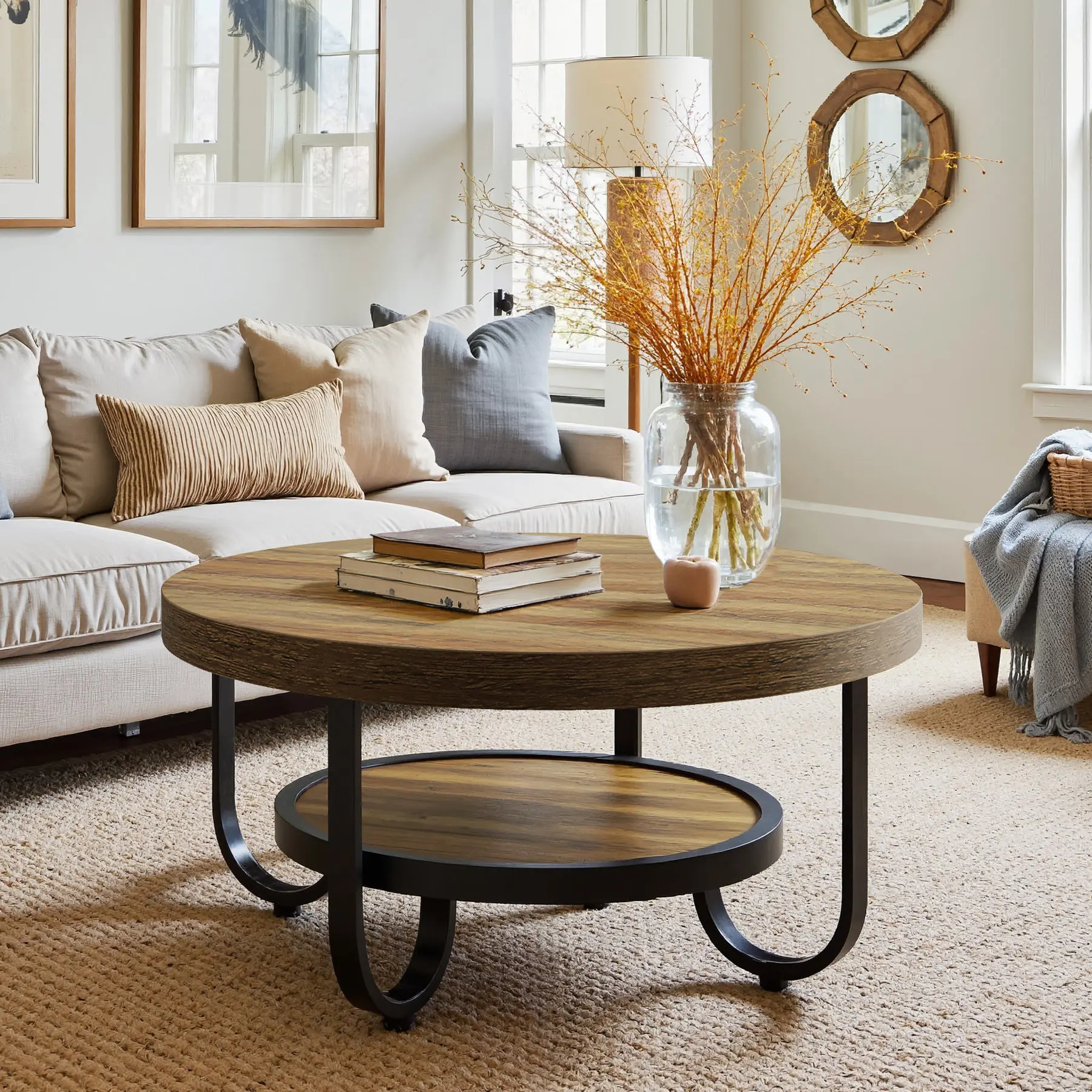31.5-Inch Round Coffee Table with Ring Storage Shelf
