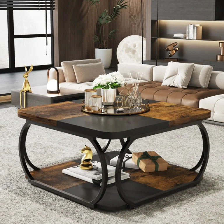 Square coffee table with a rustic wood-grain and black checkerboard top and shelf, with a tray of candles and flowers