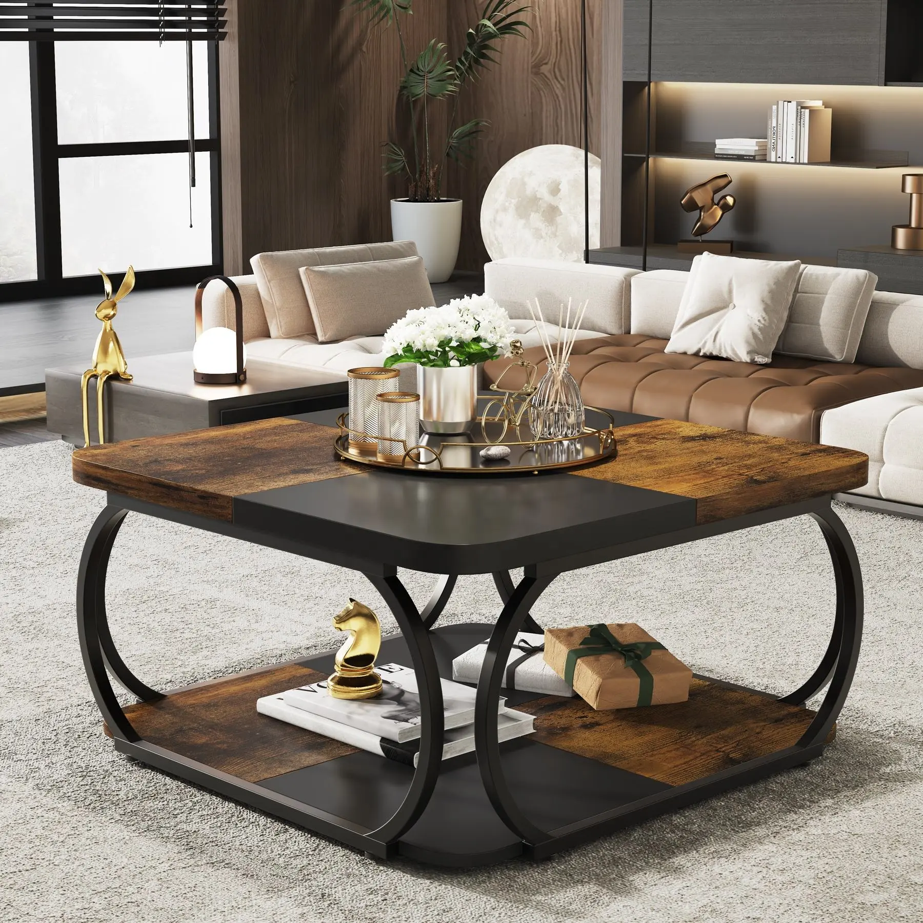 40-Inch Square Farmhouse Coffee Table with Curved Metal Frame
