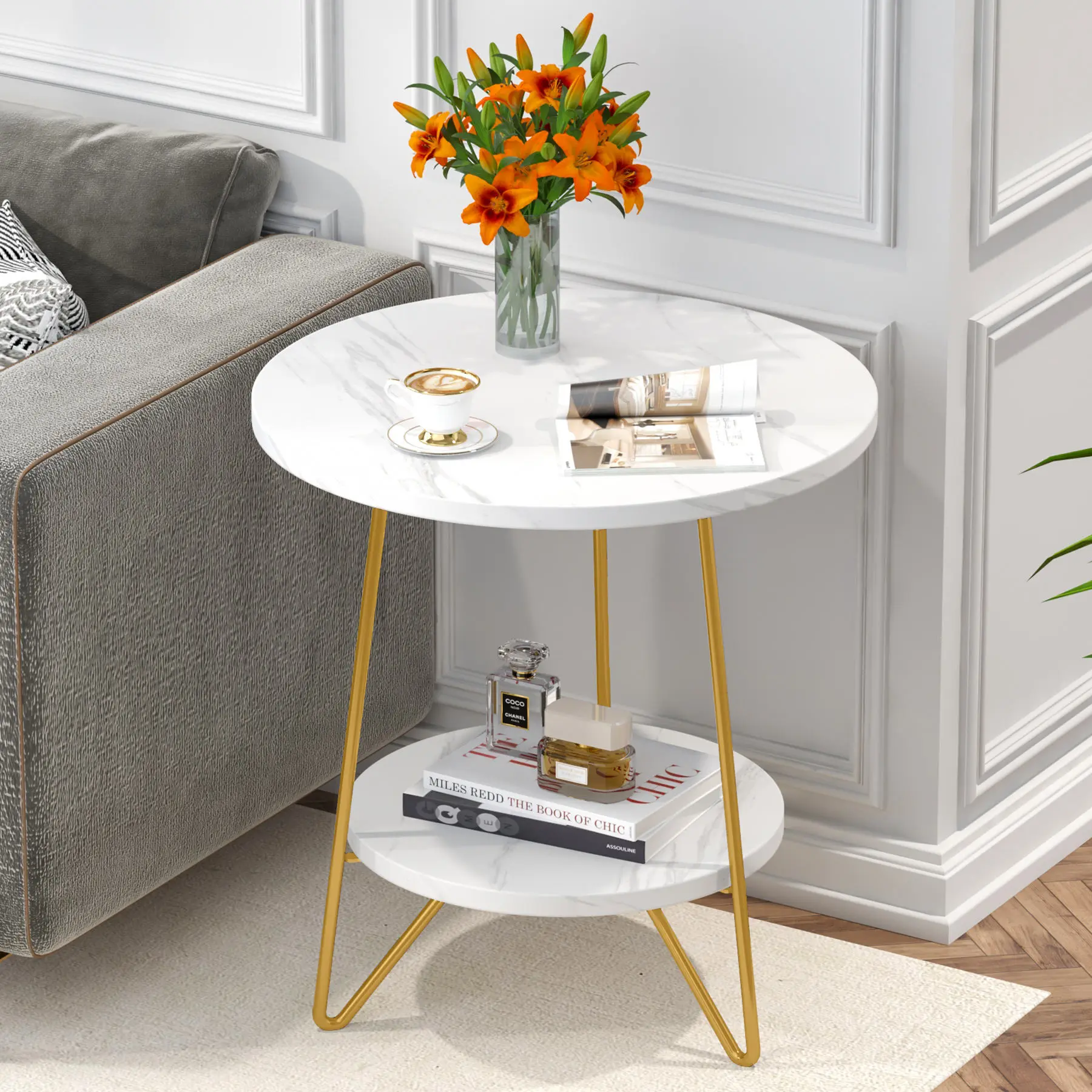 Modern White MDF Round Side Table with Open Storage Shelf