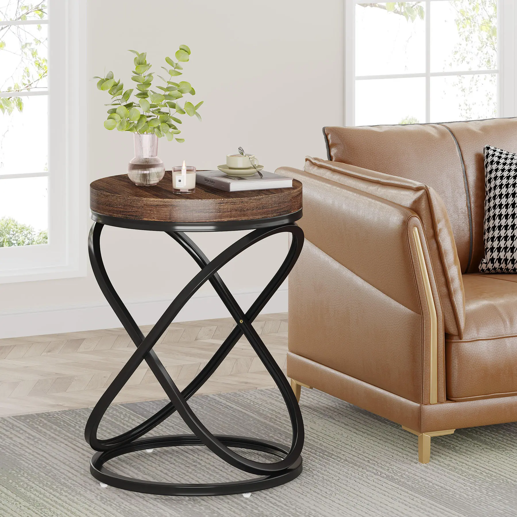 Modern Geometric MDF Sofa Side Table with Sculptural Metal Base
