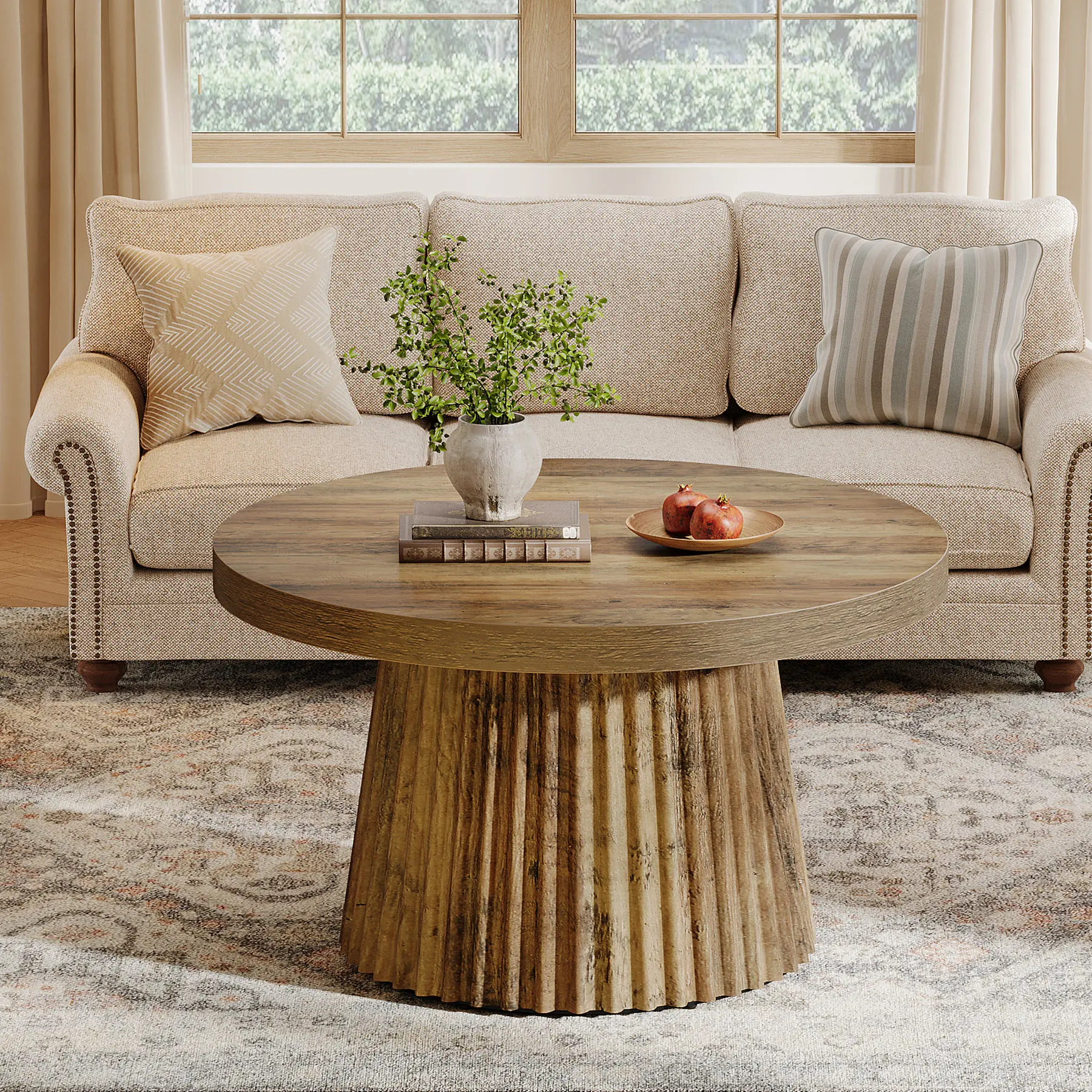 31.5-Inch Walnut-Tone Round Pedestal Coffee Table