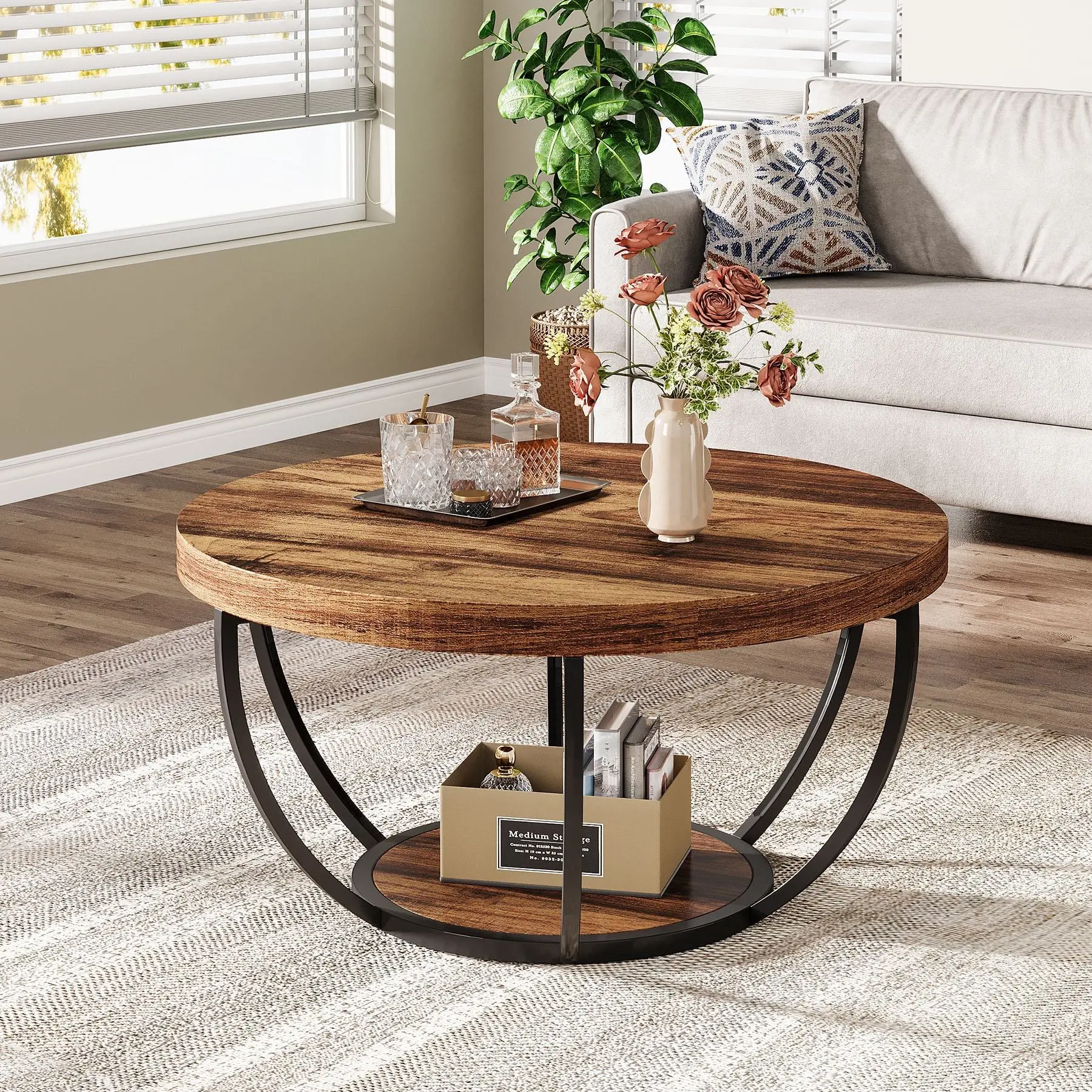Modern Round Wood Coffee Table with Metal Frame and Storage Shelf