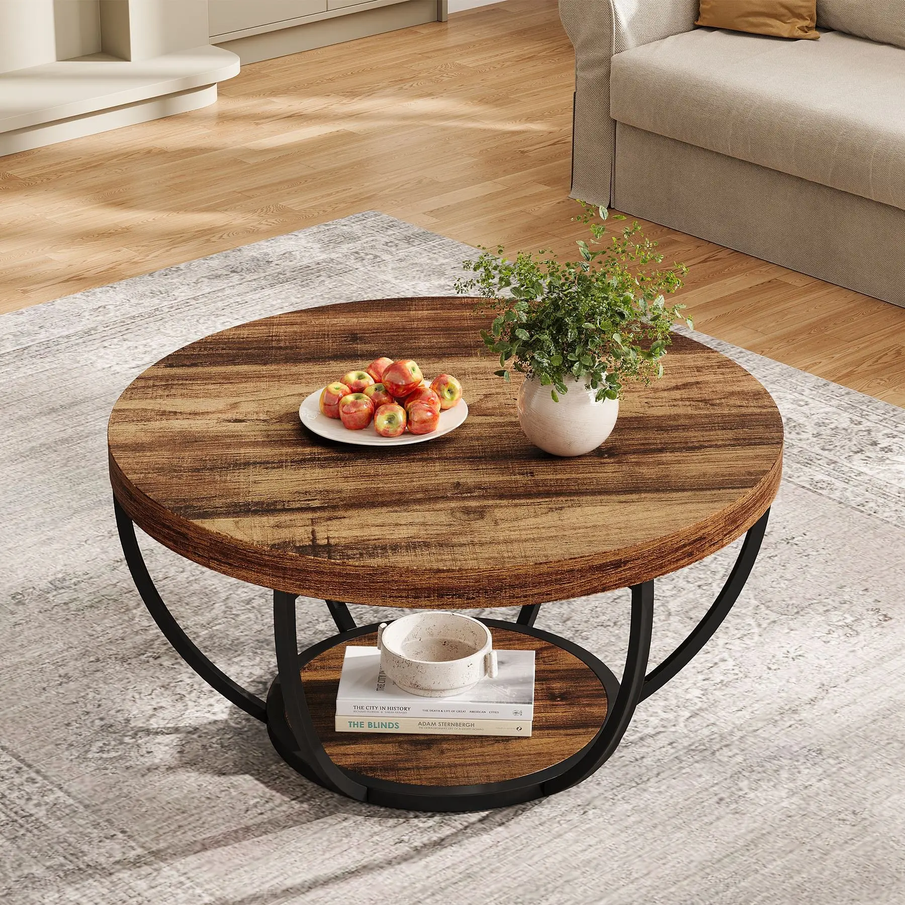 31.7-Inch Two-Tier Round Coffee Table with MDF Top and Metal Frame
