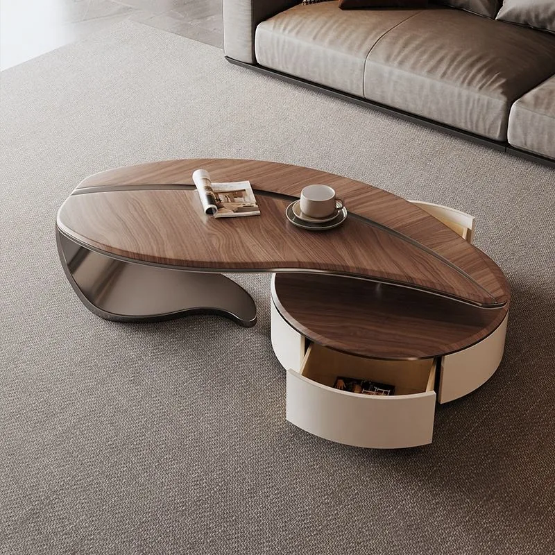 Leaf-Shaped Walnut Coffee Table with Swivel Storage