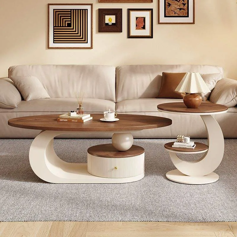 Walnut Oval Coffee Table Set with Rotating Storage