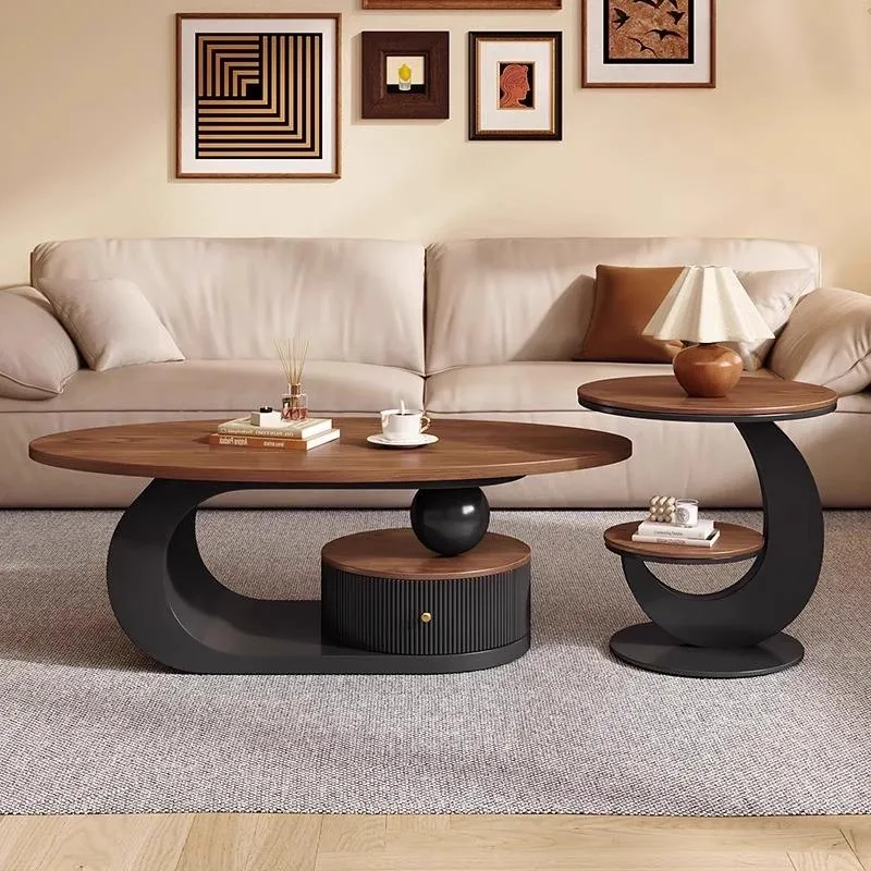 Walnut Oval Coffee Table Set with Rotating Storage product view 2