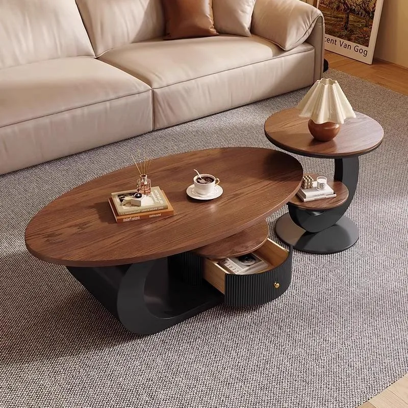 Walnut Oval Coffee Table Set with Rotating Storage product view 4