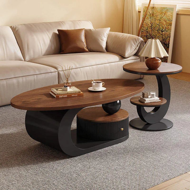 Walnut Oval Coffee Table Set with Rotating Storage product view 6