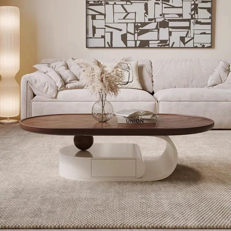 Walnut Oval Coffee Table with Integrated Side Table
