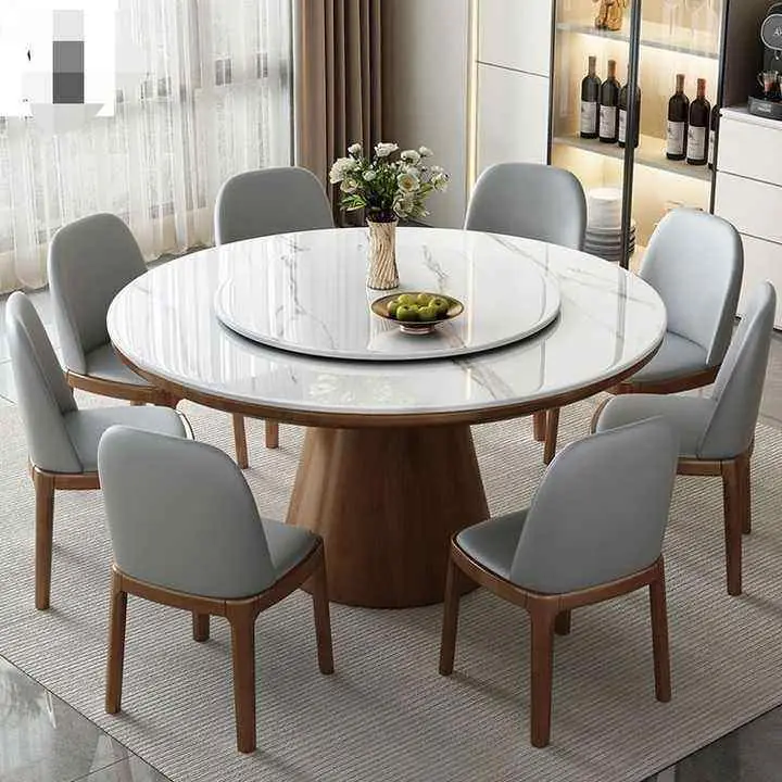 Solid Oak Round Dining Table with Rotating Lazy Susan — alternate dining-room view