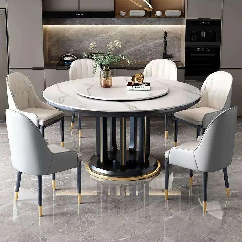 Round Stone Dining Table with Double Pedestal & Lazy Susan