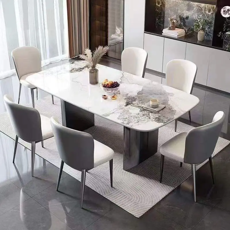 Italian Modern Rectangular Stone Dining Table with Metal Base