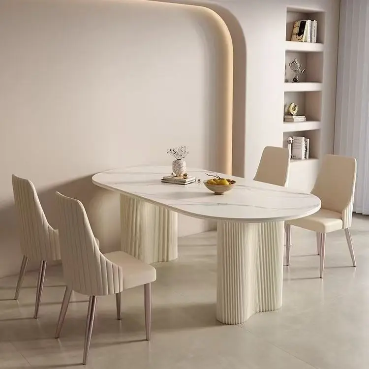 French Luxury Oval Sintered Stone Dining Table with Twin Pedestals