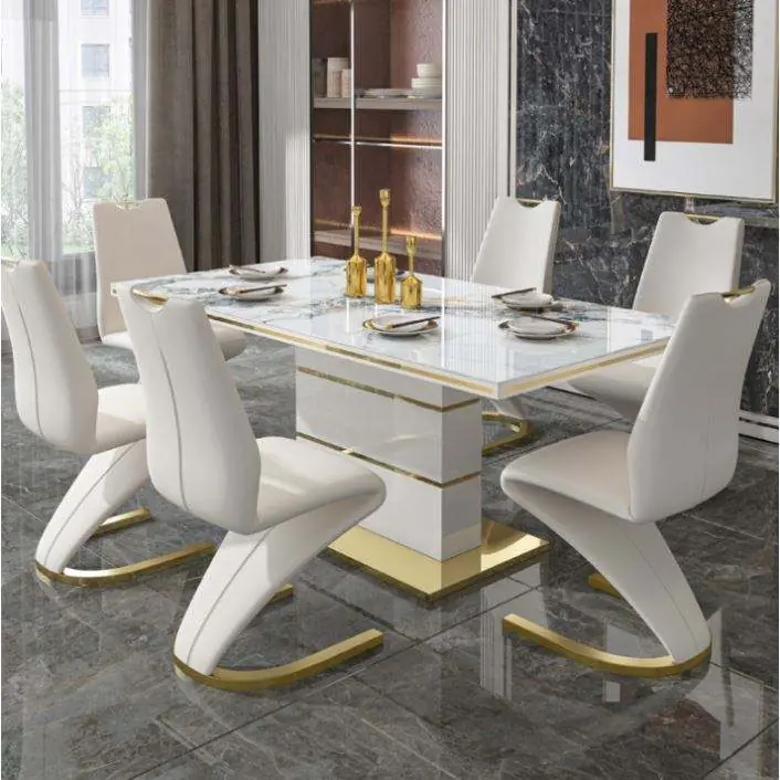 Modern Rectangular Sintered Stone Dining Table with Gold Stainless Steel Base