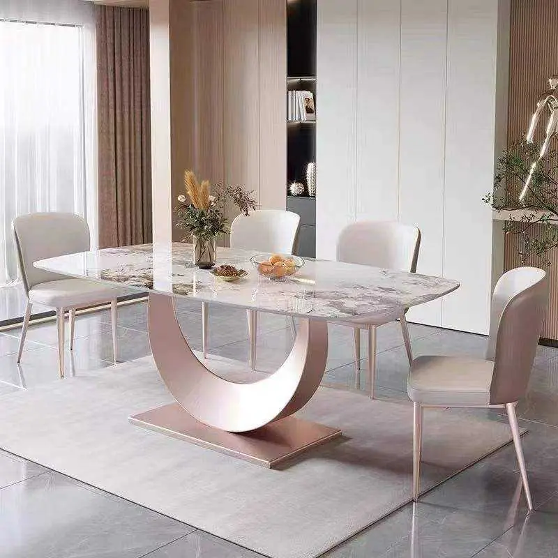 Glossy White Sintered Stone Dining Table Set with Sculptural Base
