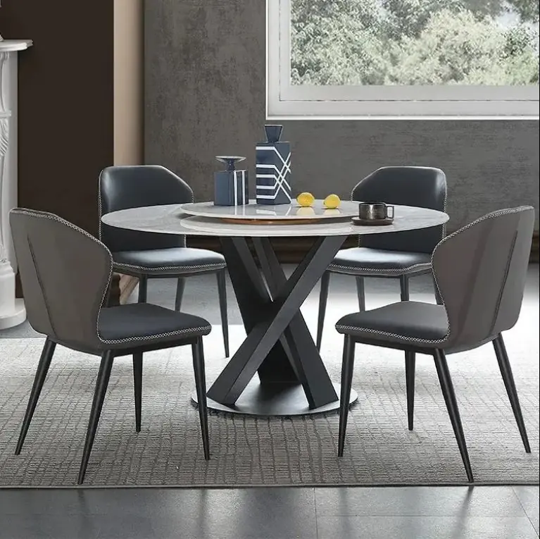 Modern Round Stone Dining Table with Crossed Metal Base