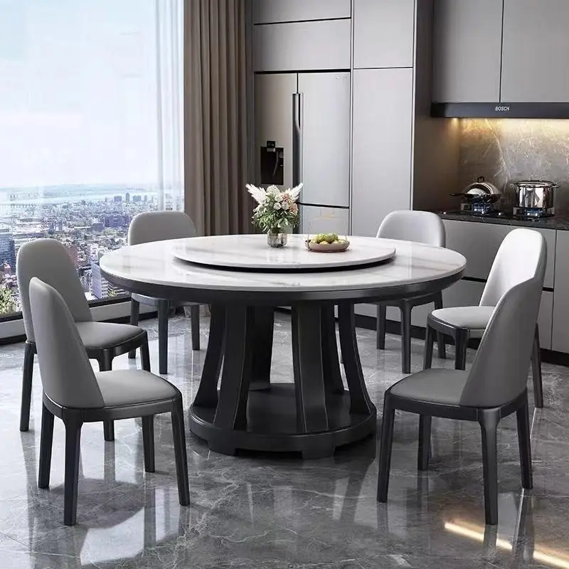 Round Sintered Stone Dining Table with Solid Wood Base & Lazy Susan
